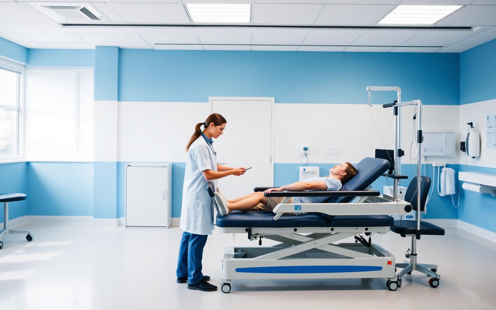 Modern rehabilitation therapy suite with clinical equipment