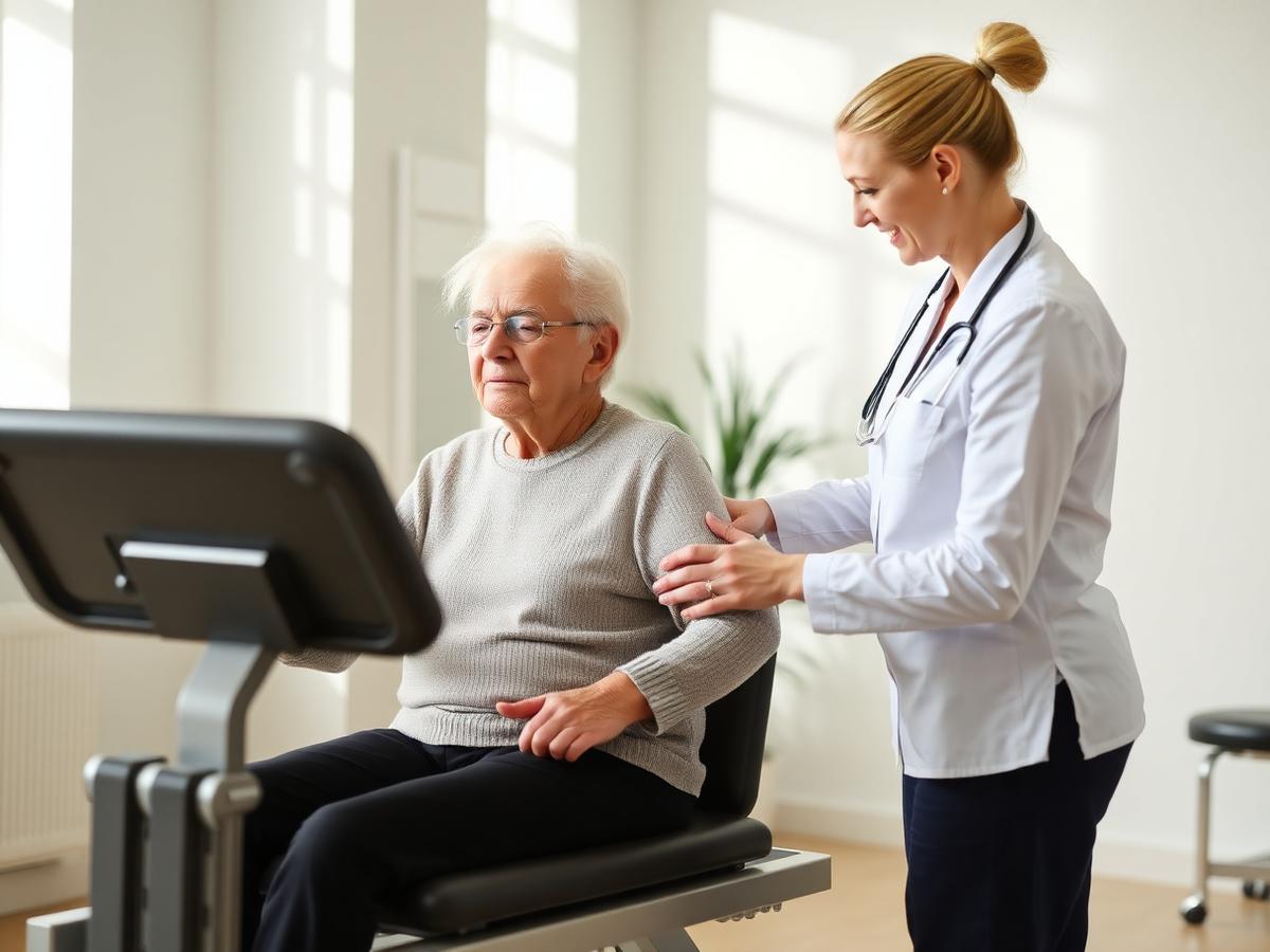 Therapist assisting a patient with rehabilitation equipment